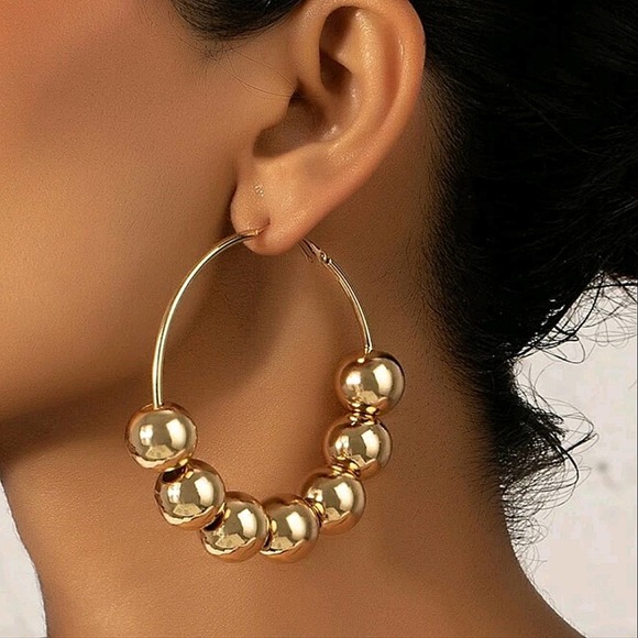 Gold Hoop Ball Statement Earrings - Picture 1 of 5